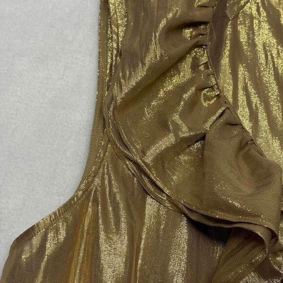 Lauren Ralph Lauren Gold Metallic Ruffle Front Sleeveless Silk Blouse Size 6 - Picture 4 of 8